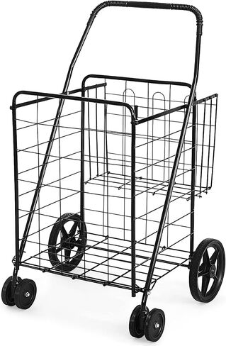 Goplus Jumbo Folding Shopping Cart with Rolling Swivel Wheels, Foldable Grocery Cart on Wheels with Double Basket, Heavy Duty Utility Cart, Shopping Carts for Groceries Laundry Book Luggage Travel in Saudi Arabia