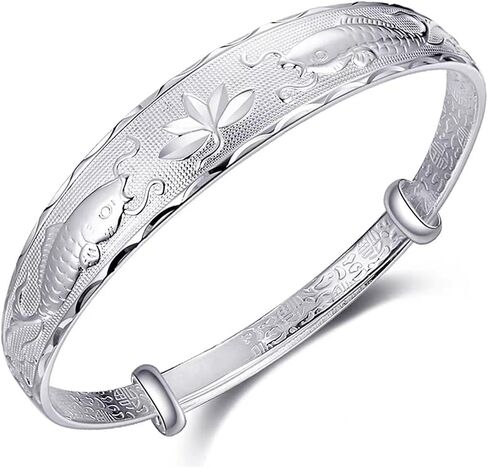 925 Sterling Silver Vintage Bangles for Women Antique Ethnic Style Cuff Bangle Bracelets Boho Adjustable Floral Engraved Texture Open Cuff Bracelet Lotus Lucky Bangles for Mom Wife Birthday Christmas in Kuwait