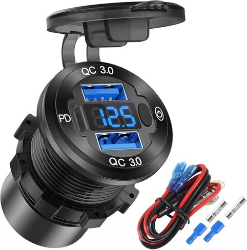 2 Pack 12V USB Outlet Wire Aluminum Car Charger Multi Port, Dual USB Quick Charge 3.0 Port and PD USB C Socket with Voltmeter Switch for Car Boat Marine Truck RV, Fast Charge for Phones iPad, etc. in Saudi Arabia