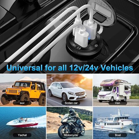 2 Pack 12V USB Outlet Wire Aluminum Car Charger Multi Port, Dual USB Quick Charge 3.0 Port and PD USB C Socket with Voltmeter Switch for Car Boat Marine Truck RV, Fast Charge for Phones iPad, etc. in Saudi Arabia