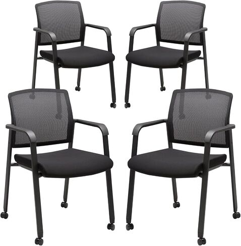 CLATINA Mesh Back Guest Reception Arm Chairs with Wheels, Waiting Room Chairs with Upholstered Fabric Seat and Ergonomic Lumbar Support for Office Conference School Church Black (4 Pack) in Saudi Arabia