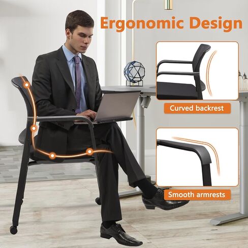 CLATINA Mesh Back Guest Reception Arm Chairs with Wheels, Waiting Room Chairs with Upholstered Fabric Seat and Ergonomic Lumbar Support for Office Conference School Church Black (4 Pack) in Saudi Arabia