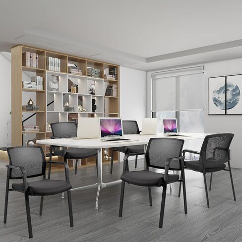 Clatina Mesh Back Guest Depart Arm Chairs مع عجلات ، كراسي غرفة الانتظار مع مقعد منجد النسيج ودعم قطني مريح لكنيسة مدرسة المؤتمر المكتبي الأسود (4 عبوات) in Kuwait