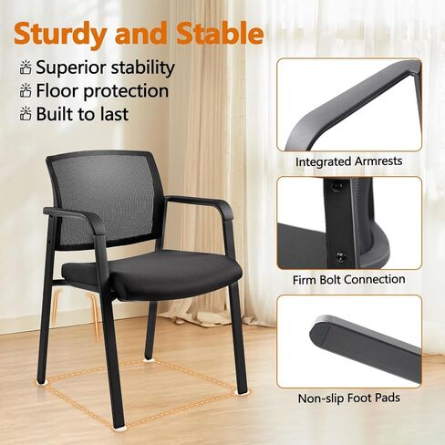 Clatina Mesh Back Guest Depart Arm Chairs مع عجلات ، كراسي غرفة الانتظار مع مقعد منجد النسيج ودعم قطني مريح لكنيسة مدرسة المؤتمر المكتبي الأسود (4 عبوات) in Kuwait