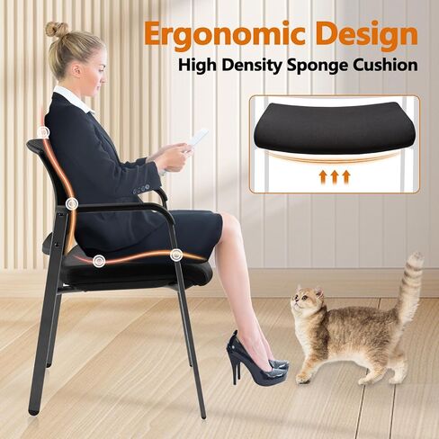 Clatina Mesh Back Guest Depart Arm Chairs مع عجلات ، كراسي غرفة الانتظار مع مقعد منجد النسيج ودعم قطني مريح لكنيسة مدرسة المؤتمر المكتبي الأسود (4 عبوات) in Kuwait