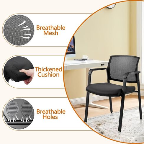 Clatina Mesh Back Guest Depart Arm Chairs مع عجلات ، كراسي غرفة الانتظار مع مقعد منجد النسيج ودعم قطني مريح لكنيسة مدرسة المؤتمر المكتبي الأسود (4 عبوات) in Kuwait