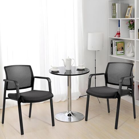 Clatina Mesh Back Guest Depart Arm Chairs مع عجلات ، كراسي غرفة الانتظار مع مقعد منجد النسيج ودعم قطني مريح لكنيسة مدرسة المؤتمر المكتبي الأسود (4 عبوات) in Kuwait