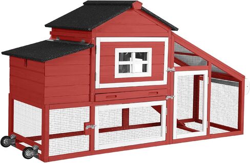 GUTINNEEN Rabbit Hutch Outdoor Mobile Chicken Coop with Wheels Wooden Bunny Cage Large Duck House with Run UV Roof(Red) in Kuwait