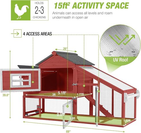 GUTINNEEN Rabbit Hutch Outdoor Mobile Chicken Coop with Wheels Wooden Bunny Cage Large Duck House with Run UV Roof(Red) in Kuwait
