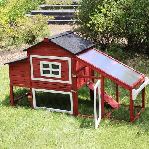 GUTINNEEN Rabbit Hutch Outdoor Mobile Chicken Coop with Wheels Wooden Bunny Cage Large Duck House with Run UV Roof(Red) in Kuwait
