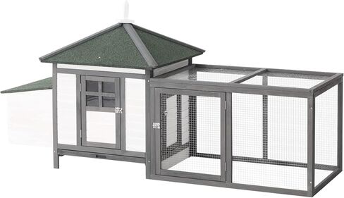 PawHut 77" Wooden Chicken Coop with Nesting Box, Cute Outdoor Hen House with Removable Tray, Ramp Run, for Garden Backyard, Gray in Saudi Arabia
