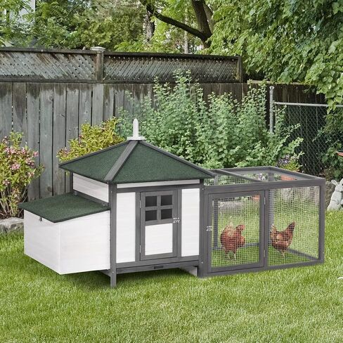PawHut 77" Wooden Chicken Coop with Nesting Box, Cute Outdoor Hen House with Removable Tray, Ramp Run, for Garden Backyard, Gray in Saudi Arabia