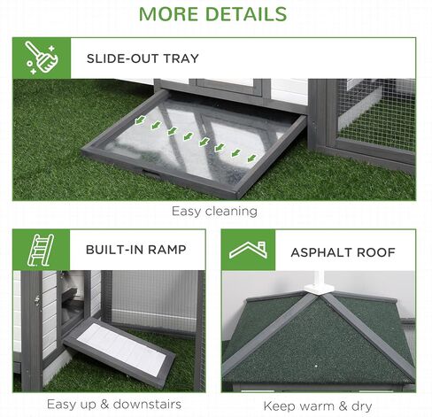 PawHut 77" Wooden Chicken Coop with Nesting Box, Cute Outdoor Hen House with Removable Tray, Ramp Run, for Garden Backyard, Gray in Saudi Arabia