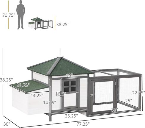 PawHut 77" Wooden Chicken Coop with Nesting Box, Cute Outdoor Hen House with Removable Tray, Ramp Run, for Garden Backyard, Gray in Saudi Arabia