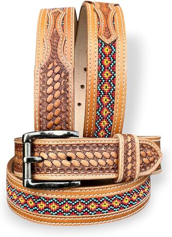 DANIEL'S ARTPLANET Western Belt for Men Handmade Full Grain Leather Beaded Tooled Cowboy Belt with Removable Buckle 1.5" in Saudi Arabia
