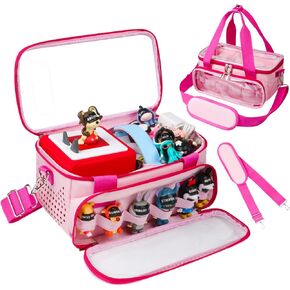 Carrying Case Compatible with Toniebox Starter Set with Audio Play Side, Portable Organizer Case for Tonies Figures Storage with Elastic Band& Clear Window for Character Display (Pink)
