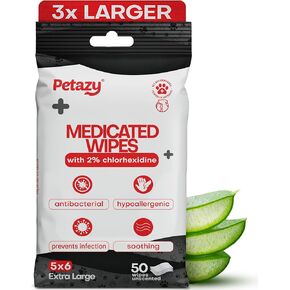 2% Chlorhexidine Wipes for Dogs 3X Larger | Yeast Infection Ringworm Fungus Hot Spot Itch Relief | Medicated Antibacterial Antifungal Extra Gentle Soothing Topical Wipes for Dog Cat | 50 Wipes