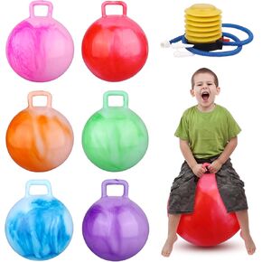 6 Pcs Bouncing with Handle Outdoor Jumping Hopper 18 Inch Marbling Color Bouncy Balls with Air Pump Outdoors Sports Exercise School Games Supplies, 6 Colors