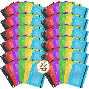 Pencil Pouch for 3 Ring Binder, 36 Piece Bulk 3 Holes Zipper Pencil Pouches in 6 Assorted Colors, Clear Durable Pencil Case for School, Classroom, Office Supplies