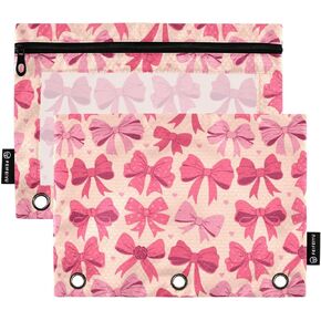 Binder Pouches,Pink Ribbon Bows Pencil Pouch for 3 Ring Binder 2 Pack Clear Pencil Bag with Zipper for Office School Supplies