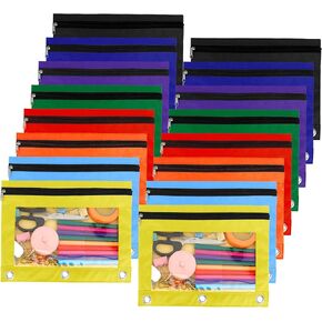 Pencil Pouch for 3 Ring Binder, 6 Pack Pencil Bags with Zipper, Large Capacity Pencil Case for Binder Assorted Color Pencil Case Pouch with Clear Window and Grommets Pencil Pocket for Office Supplies