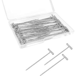 Quacc 50 PCS T-Pins for Wigs, 2 Inch Sharp Sturdy Steel Sewing Straight T Pins for Blocking Knitting Crochet Crafts Project Office Wall Cork Board Foam with Storage Box (Silver)