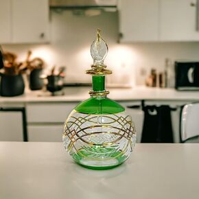 Green perfume Bottle in 14 K Gold | Green Fragrance Bottle | Refillable Perfume Glass Bottle | Blown Glass Bottles for essential oils | Egyptian Glass Art | Decorative Bottle