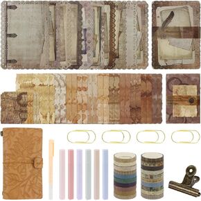 Vintage Scrapbook Kit, A6 Grid, Blank, Line Journal Notebook with Grey Leaf Embossing Leather Cover, Pens Washi Tapes Binder Clip Scrapbooking Supplies for for Beginners
