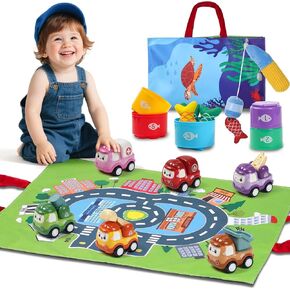 Montessori 2-in-1 Toddler Toys - Cloth Fishing Game & Truck Car Set with Playmat, Toys for 1 2 3 Year Old Boys and Girls, Baby Toy 12-18 Months & Age 1-3, One Year Old Boy Girl Birthday Gift