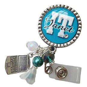 Any Career badge Reel personalized with name and credentials, 20 charm choices available and your choice of color, badge pull ID document holder bling work swivel badge