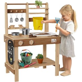 6 in 1 Mud Kitchen for Kids Outdoor with Wooden Sand Molds,Toddler Pretend Play Kitchen with Removable Sink,Cookware,Stove,Chalkboard,Faucet & Storage Shelves for Backyard Garden