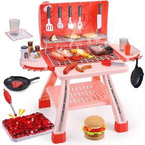 CUTE STONE BBQ Grill Toy Playset for Kids with Sound, Lights & Cool Mist Spray, Indoor Outdoor Play Cooking Set with Utensils & Food, Play Camping Interactive Toy Gift for Boys Girls Ages 3+