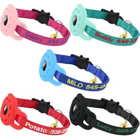 Airtag Cat Collar, Personalized Nylon Breakaway Cat ID Collar with Silicone Waterproof Airtag Holder Case and Bell Embroidered with Pet Name and Phone Number
