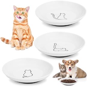 3 Pcs Ceramic Cat Food Bowls, Cute Cat Bowls, 5.9 Inch Cat Plates Set for Wet and Dry Food Water, White Flat Cat Dish with Non-Slip Base for Cats and Puppies (3 Kitten Patterns)