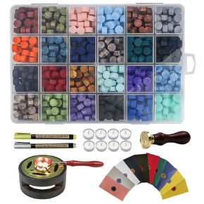 Wax Seal Kit, Premium Wax Seal Stamp Kit with 24 Colors 624 Pcs Beads, Metallic Pens, Warmer, Spoon and Tea Candles for Wedding Invitation, Letter Envelope, Gift Cards & DIY Crafts