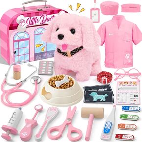 Wooden Doctor Kit & Dog Toys for Kids Toddlers Girls Boys 3 4 5 6 Years Old, Walking Barking Stuffed Dog & Doctor Costume & Veterinarian Pretend Play Set, Gifts for Boys Girls 3 4 5 6+