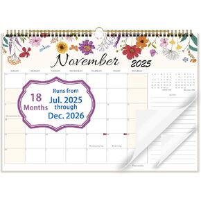 Calendar 2025-2026, Large Monthly Wall Calendar from July 2025 to December 2026, 17" x 12", Spiral Binding Hanging Wall Calendar, Perfect for Home or Office, Floral