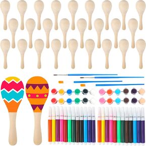 28 Pack DIY Wooden Maracas Painted Maracas Unfinished Mini Wood Maracas Painted Wood Maracas with 32 Pcs Painting Tools for Mexican Fiesta Cinco De Mayo Party Supplies