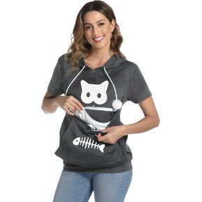 jessie Womens Pet Pouch Hoodie Summer Short Sleeve Cat Dog Carrier Hoodie Kitten Puppy Pouch Shirts Thin Hoodies Dark Grey