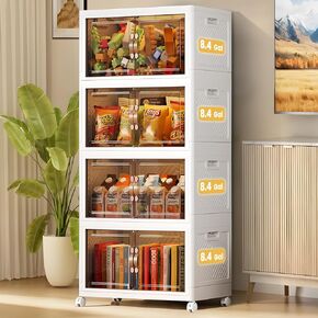 33.6 Gal Stackable Storage Bins with Lids and Double Doors Plastic 4 Tier Storage Box Collapsible Organizer with Wheels Large Folding Storage Containers for Home Organization 4 Pack (8.4gal x 4)