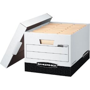 Bankers Box 12 Pack R-KIVE Heavy-Duty File Storage Boxes, FastFold, Lift-Off Lid, Letter, White/Black