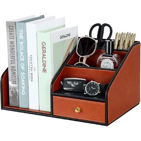 KINGFOM PU Leather Desk Organizer with Drawer – Multi-Compartment Desktop Storage Box for Office Supplies, Mail, Pens, Accessories – Black & Brown Home Office Caddy (Black)