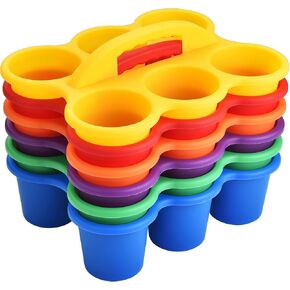 ALINK 6 Pack Classroom Caddy Storage Basket with Handle, Plastic Drink Cup Caddy Holder, 6 Compartments for Kids, Table, Office, Arts, Crafts, Crayon, Marker, Pencil, School Supplies - Assorted Colors