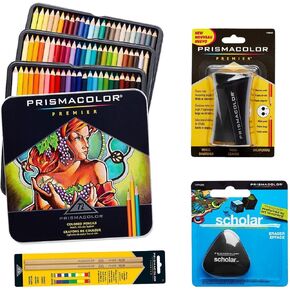 Prismacolor 72-Count Colored Pencils, Triangular Scholar Pencil Eraser, Premier Pencil Sharpener, and Colorless Blender Pencils