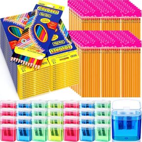 48 Set/1004 Count Bulk Back to School Supplies Kit for Student Include 576 Count Colored Pencils 480 HB Pencils 48 Pcs Manual Pencil Sharpeners with Lid for Art Classroom School Stationery