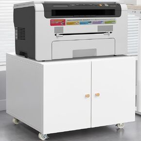 Mobile Steel Copier Cabinet for Office Use, 2 Doors with Adjustable Dividers and 360 Rotatable Wheels, White