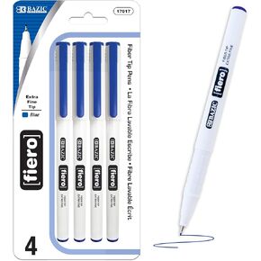BAZIC Fiero Fiber Tip Pen, Fineliner Pens 0.4mm Blue Color Extra Fine Point, Writing Drawing for Graphic Office School (4/Pack), 1-Pack