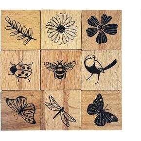 Vintage Wood Rubber Stamp Set - 9Pcs Antique Butterfly, Bird, Ladybug & Floral Designs for DIY Art Journals, Scrapbooking, Card Making - Reusable Craft Stamps Gift for Crafters