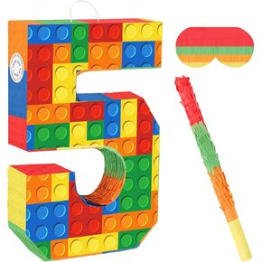 Number Building Blocks Decor for Pinata Birthday Party Supplies, Girls Boys Fiesta Carnival Games with Stick & Blindfold (Number 5)