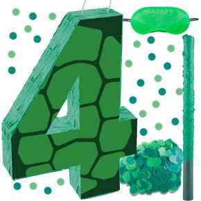 16 Inch Turtle Number 4 Pinata, Turtle Birthday Decorations, Turtle Theme Pinata with 16 Inch Stick Blindfold Confetti for Boy Girl Kids 4th Birthday Party Supplies(4th)